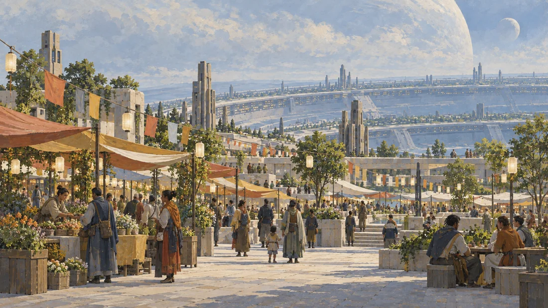 People gather at a lively outdoor festival, surrounded by trees, stalls and the skyline of an orbital city.