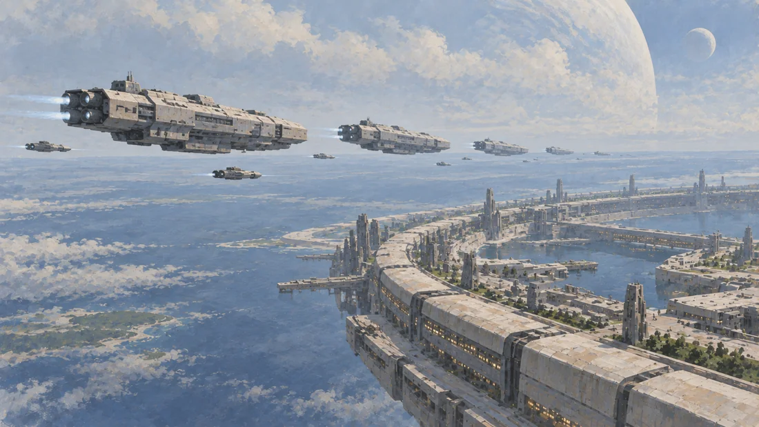 A formation of spacecraft departs above an inhabited ring city.