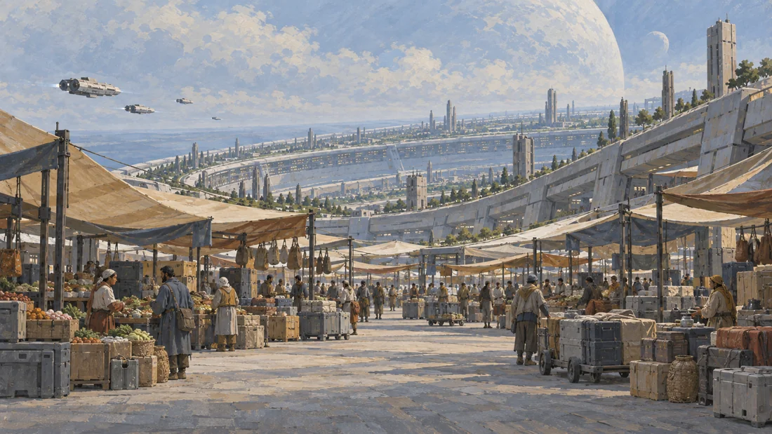 A marketplace of cargo stalls and traders beneath the terraces of an orbital city.